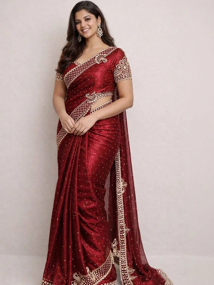 Embellished Beads and Stones Silk Blend Heavy Work Saree